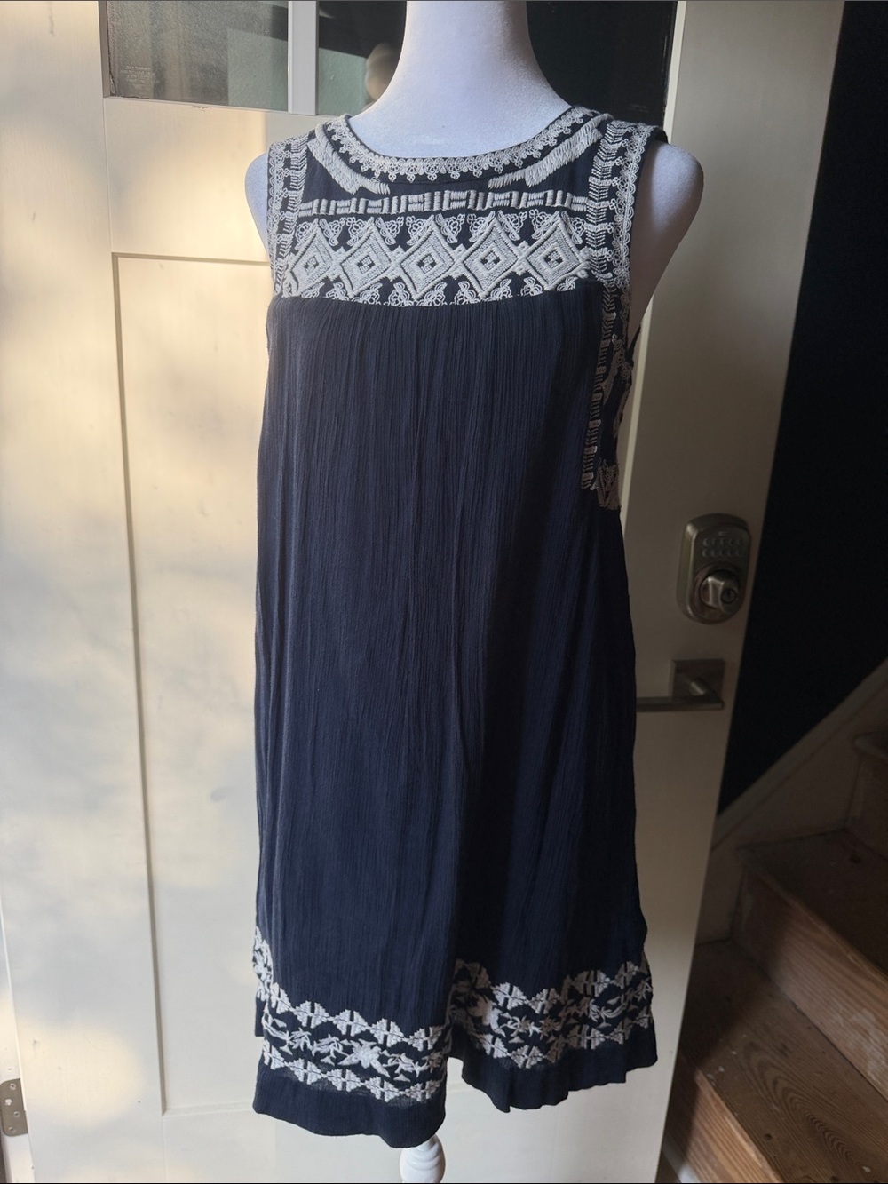 Lucky Brand Navy Dress with Cream Embroidered Trim